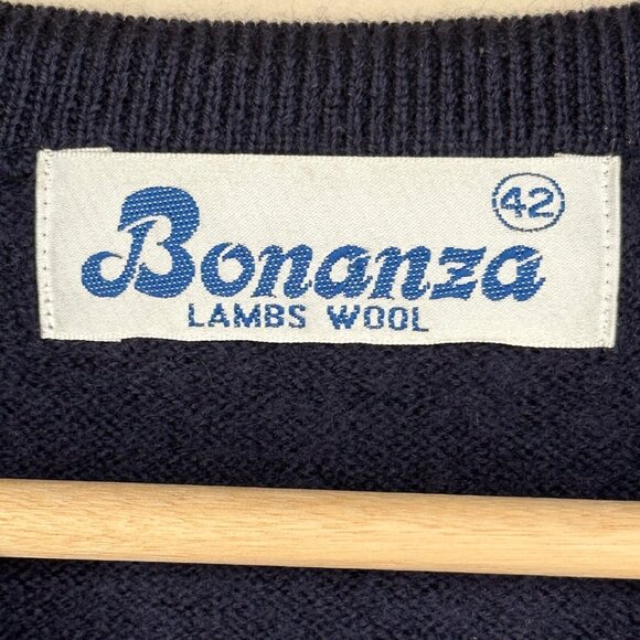 Bonanza Mens Lambs Wool Sweater Vest Vtg 80s Dad V Neck Ribbed Hem Blue Size 42 - Picture 5 of 6